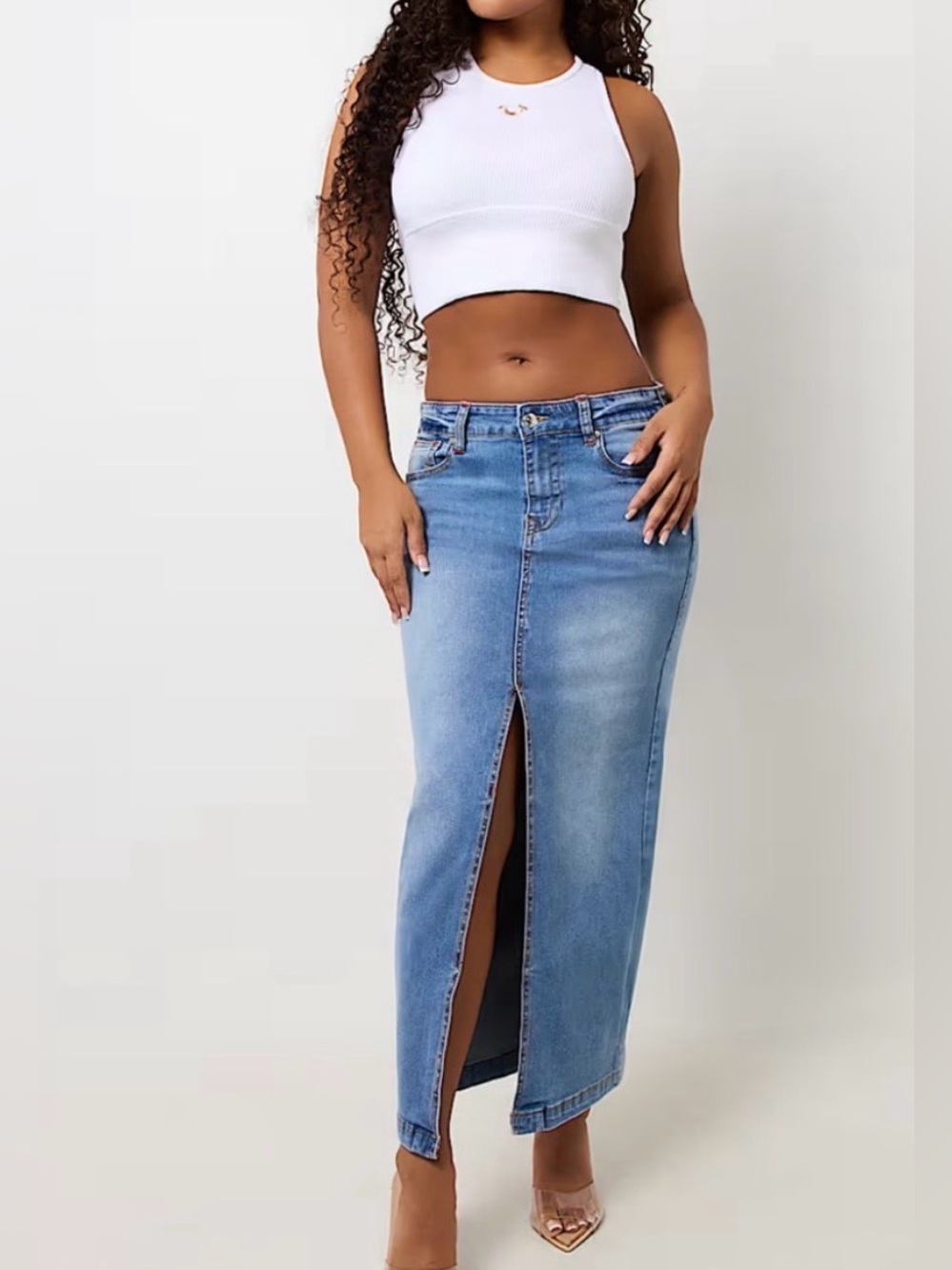 True Religion Women Denim Stretch Front Split Maxi Skirt Size 28